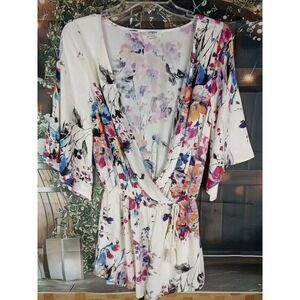 Umgee Romper Women's Size S Robe Tie Floral Kimono Sleeve Cotton Blend